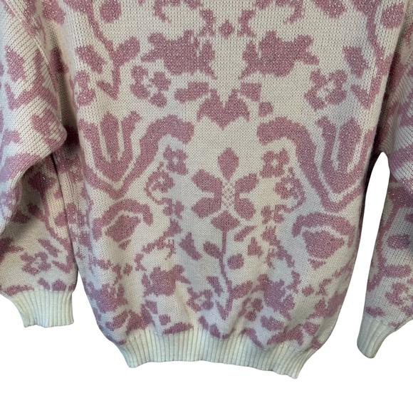 Felicia Pink and Cream Floral Metallic Women's Sweater Size S Vintage 80s Knit - Picture 12 of 12
